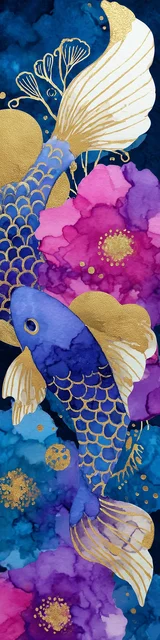 Free printable fish bookmark featuring blue gold and magenta fish